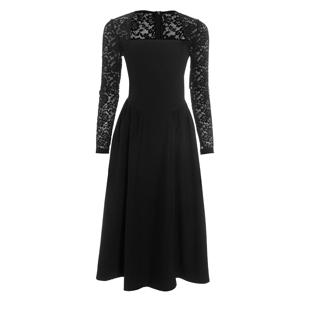 Solid Color Long Sleeve High-Waisted Midi Dress with French Lace Trim &amp; Functional Pockets