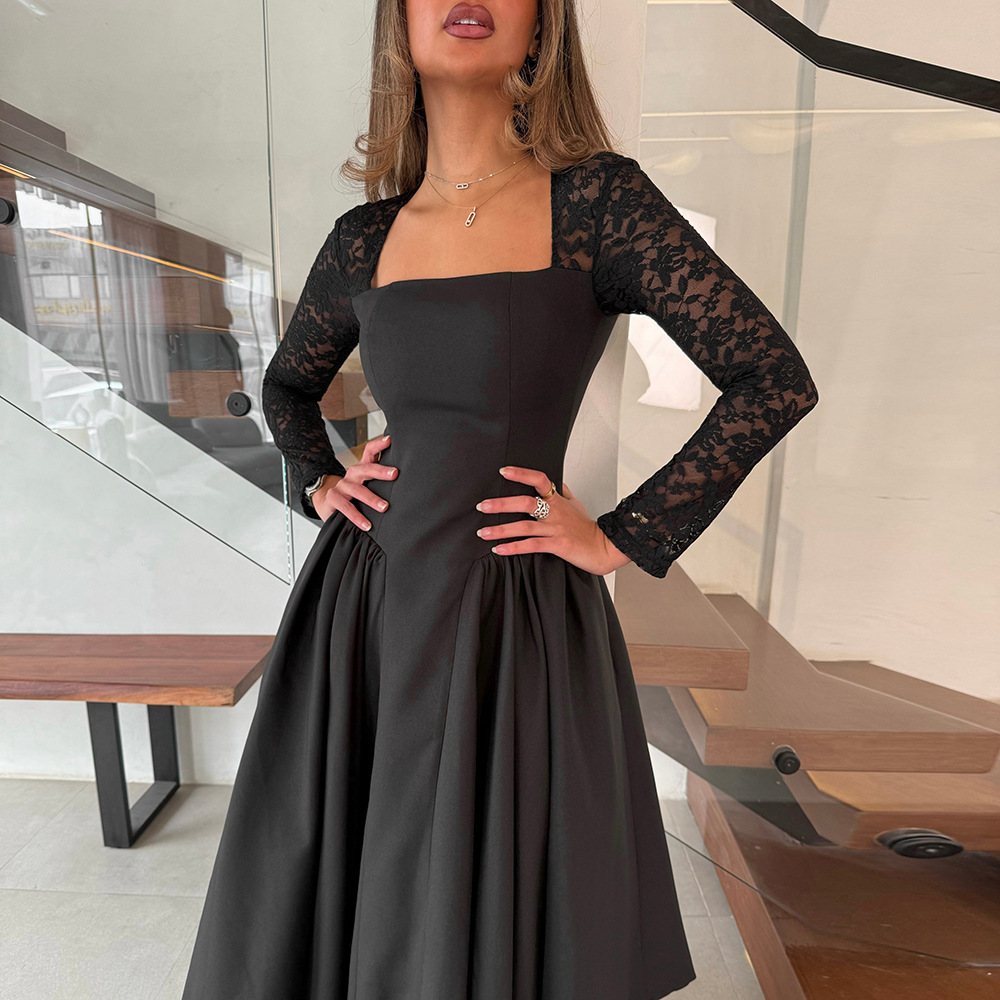 Solid Color Long Sleeve High-Waisted Midi Dress with French Lace Trim &amp; Functional Pockets