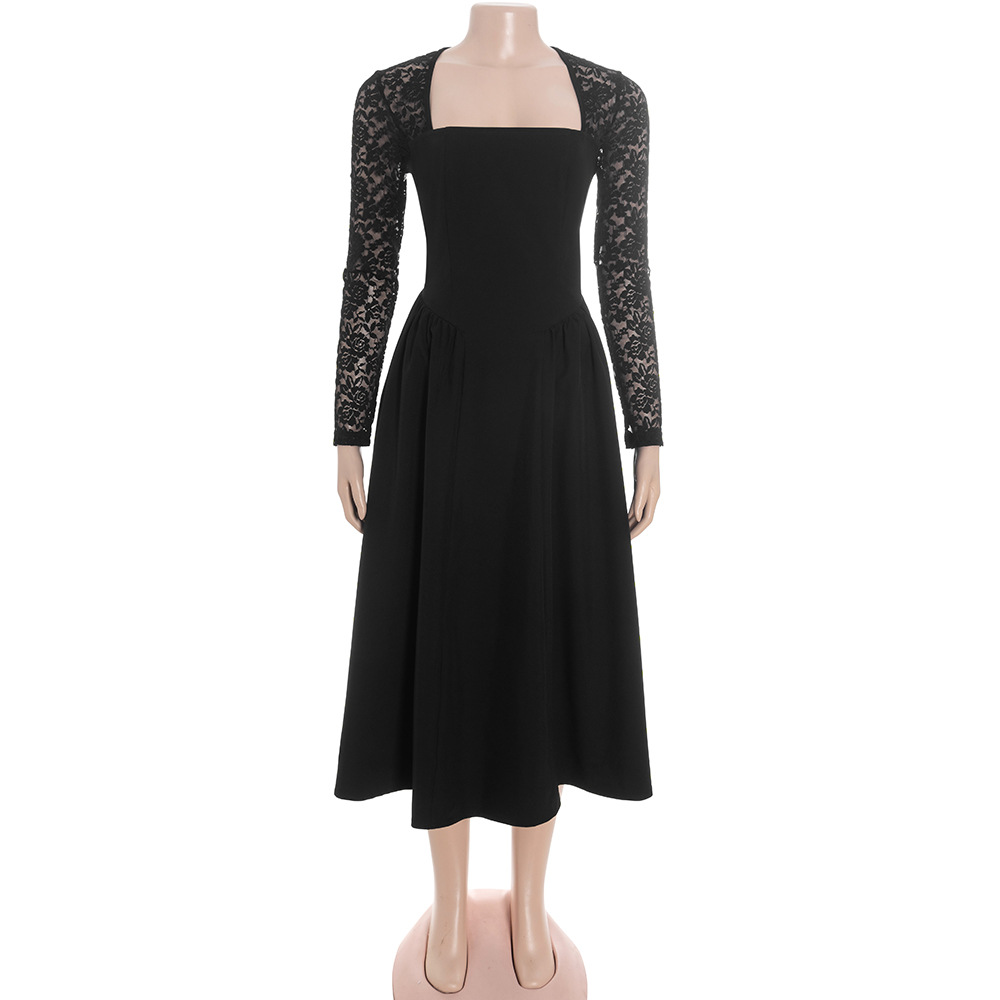 Solid Color Long Sleeve High-Waisted Midi Dress with French Lace Trim &amp; Functional Pockets