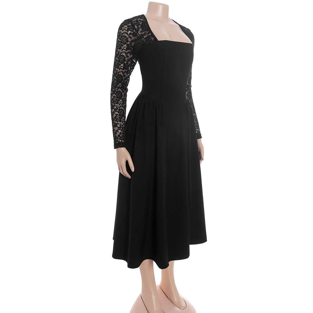 Solid Color Long Sleeve High-Waisted Midi Dress with French Lace Trim &amp; Functional Pockets