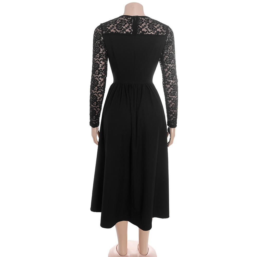 Solid Color Long Sleeve High-Waisted Midi Dress with French Lace Trim &amp; Functional Pockets