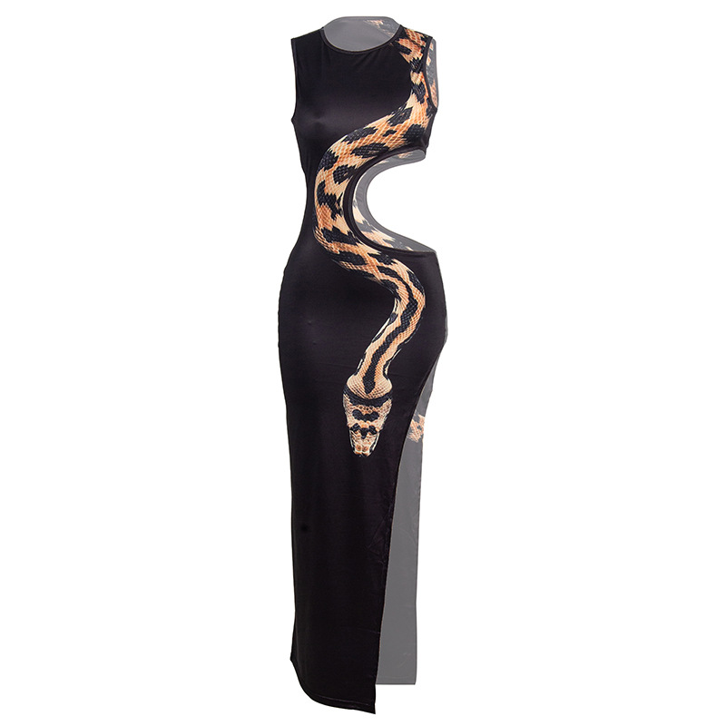 Snake Print Halterless Bodycon Maxi Dress with Cut-Out Waist