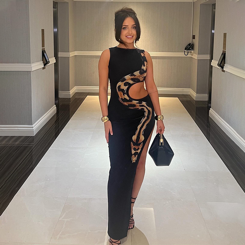 Snake Print Halterless Bodycon Maxi Dress with Cut-Out Waist