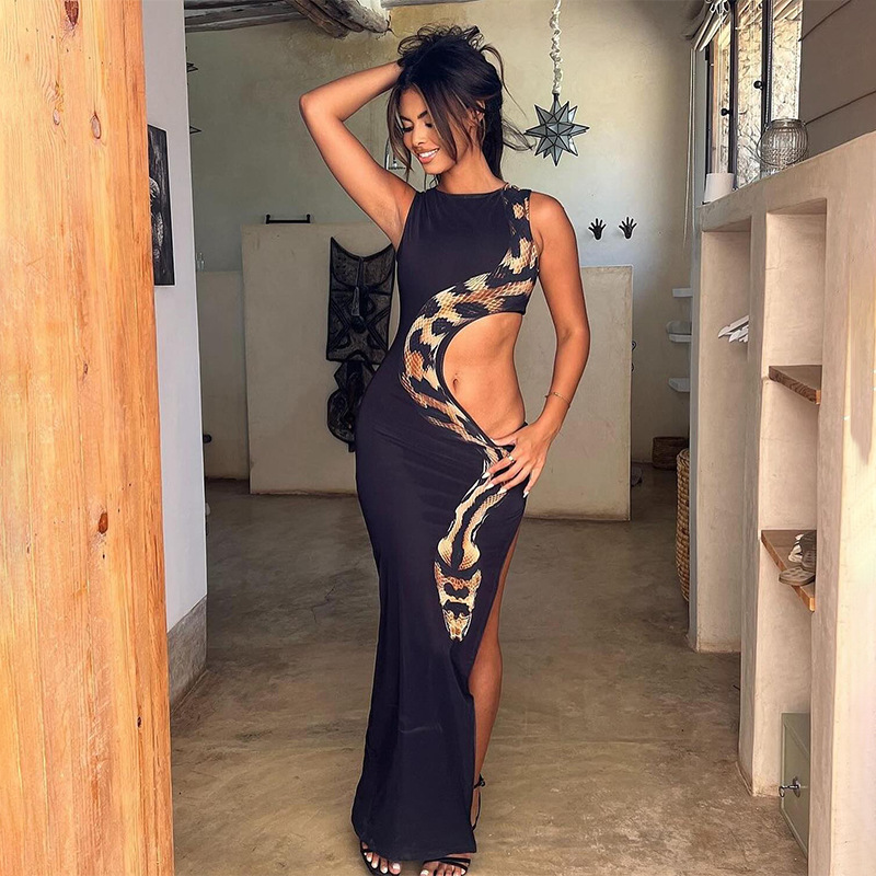 Snake Print Halterless Bodycon Maxi Dress with Cut-Out Waist