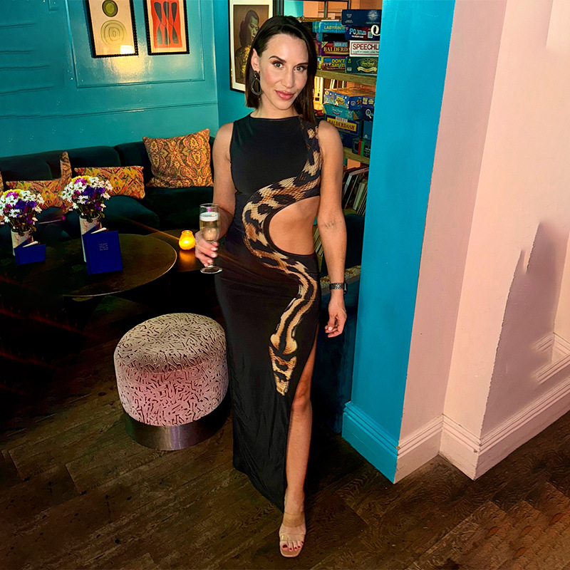 Snake Print Halterless Bodycon Maxi Dress with Cut-Out Waist