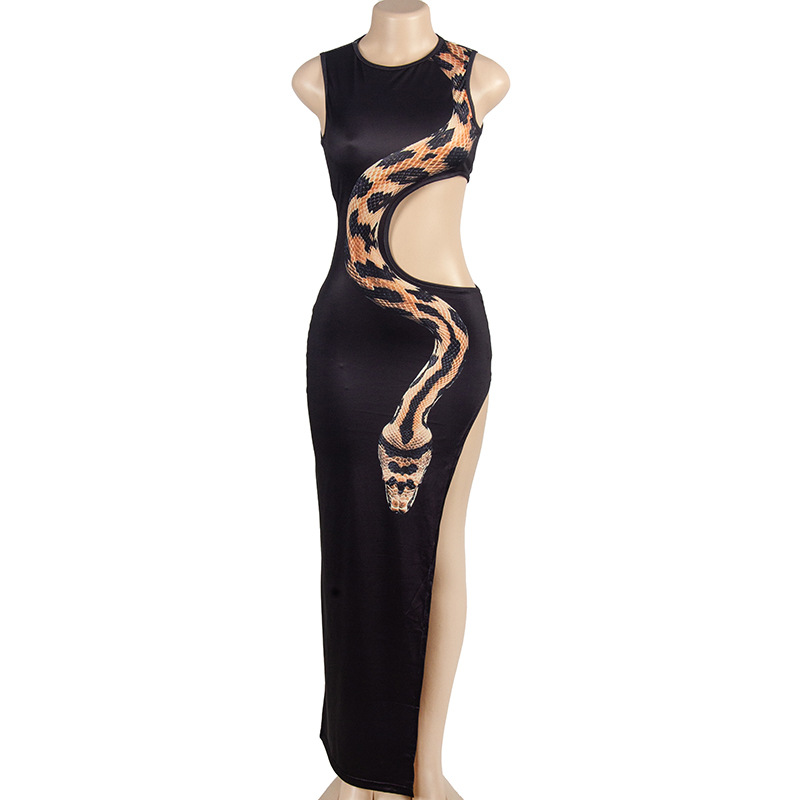 Snake Print Halterless Bodycon Maxi Dress with Cut-Out Waist