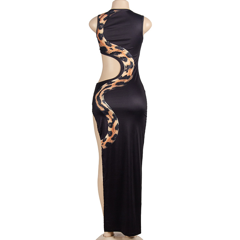 Snake Print Halterless Bodycon Maxi Dress with Cut-Out Waist