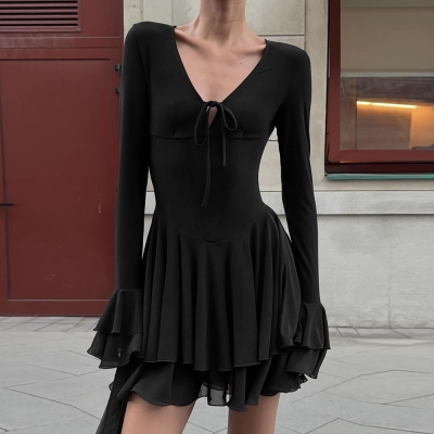 Solid Color Deep V-Neck Long Sleeve Bodycon Mini Dress with Ruffled Sleeves & Hem 02