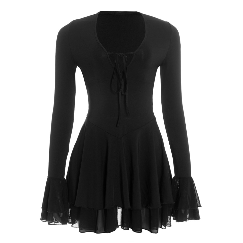 Solid Color Deep V-Neck Long Sleeve Bodycon Mini Dress with Ruffled Sleeves & Hem