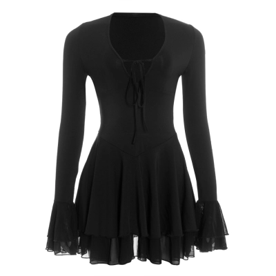 Solid Color Deep V-Neck Long Sleeve Bodycon Mini Dress with Ruffled Sleeves & Hem 01