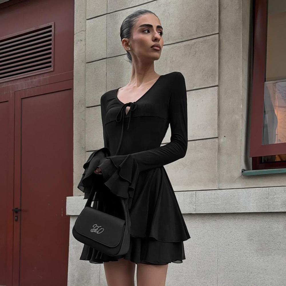 Solid Color Deep V-Neck Long Sleeve Bodycon Mini Dress with Ruffled Sleeves & Hem