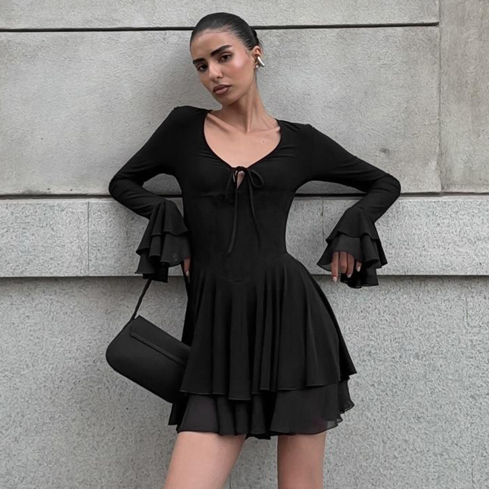 Solid Color Deep V-Neck Long Sleeve Bodycon Mini Dress with Ruffled Sleeves & Hem