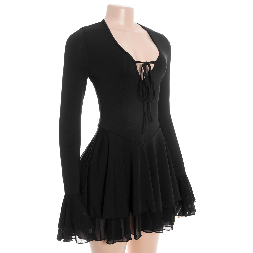 Solid Color Deep V-Neck Long Sleeve Bodycon Mini Dress with Ruffled Sleeves & Hem