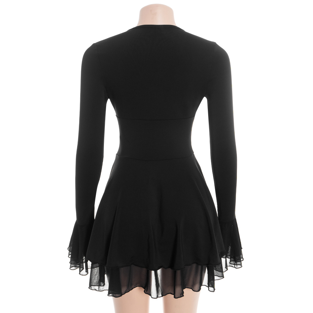 Solid Color Deep V-Neck Long Sleeve Bodycon Mini Dress with Ruffled Sleeves & Hem