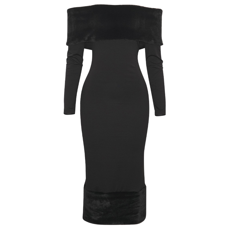 Solid Color Off-Shoulder Long Sleeve Bodycon Maxi Dress with Faux Fur Trim