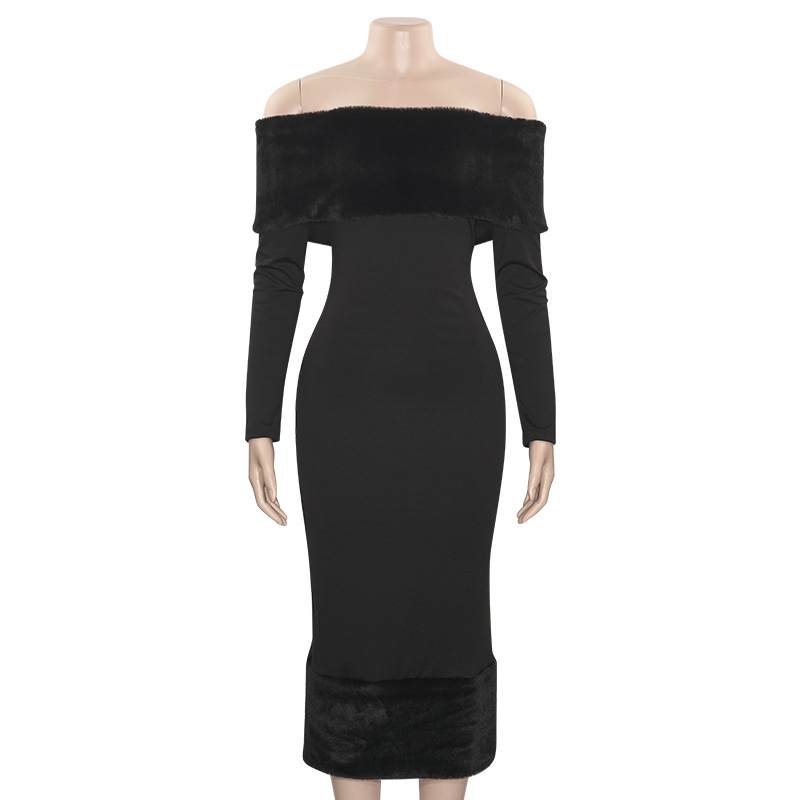Solid Color Off-Shoulder Long Sleeve Bodycon Maxi Dress with Faux Fur Trim