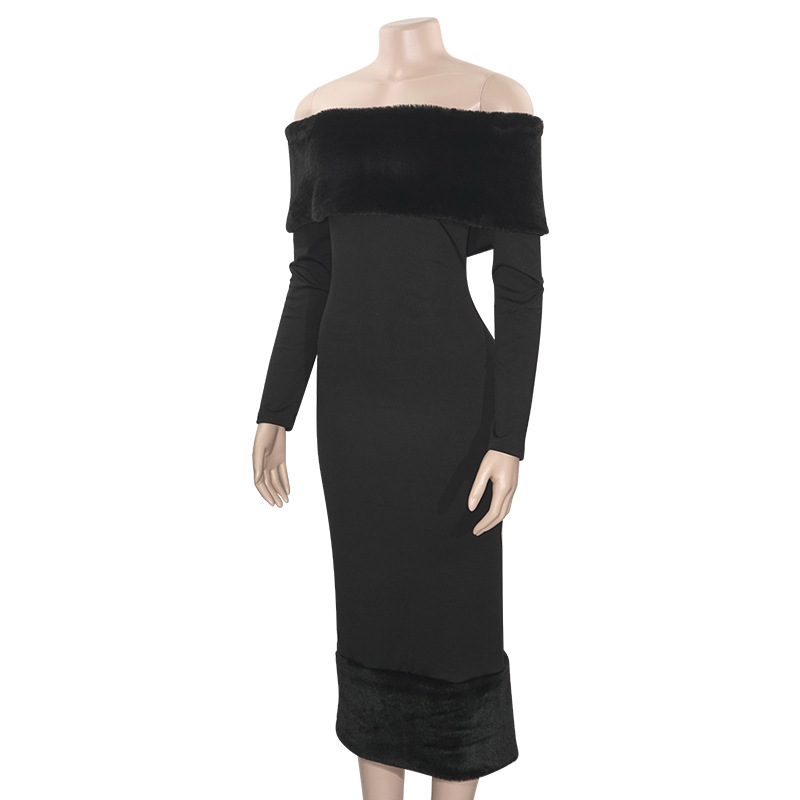 Solid Color Off-Shoulder Long Sleeve Bodycon Maxi Dress with Faux Fur Trim