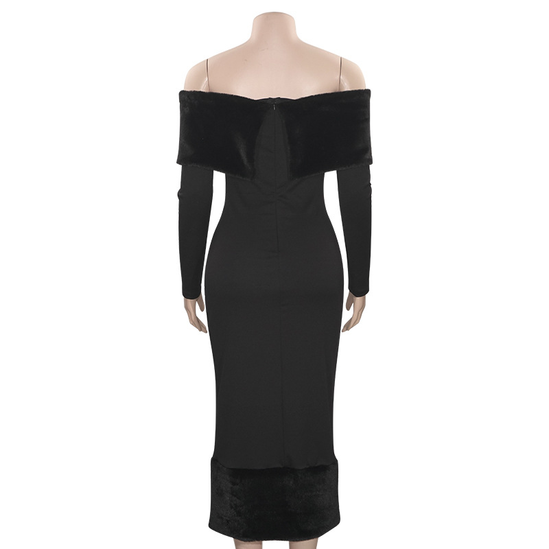 Solid Color Off-Shoulder Long Sleeve Bodycon Maxi Dress with Faux Fur Trim