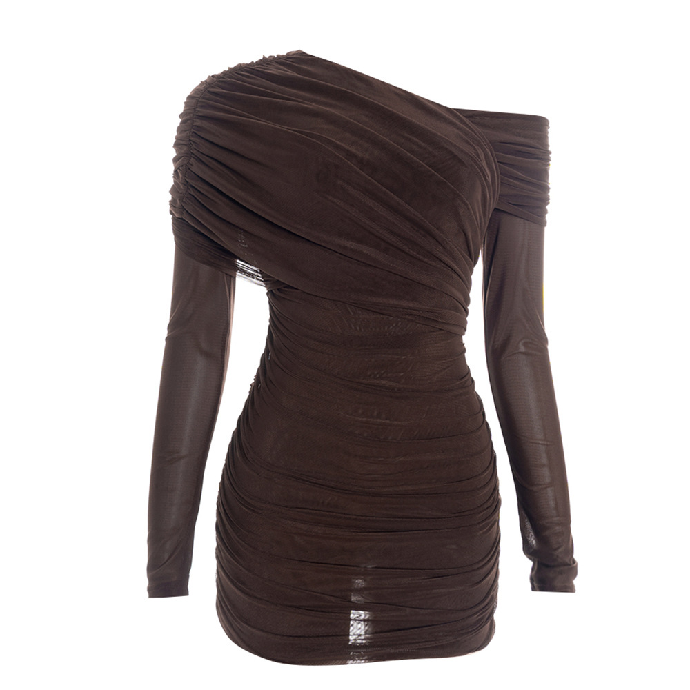 Solid Color Asymmetrical Off-Shoulder Bodycon Dress with Mesh Panels & Ruched Detail