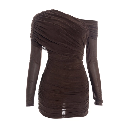 Solid Color Asymmetrical Off-Shoulder Bodycon Dress with Mesh Panels & Ruched Detail 01