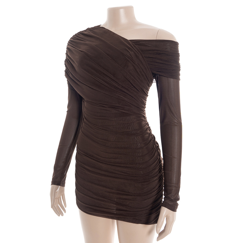 Solid Color Asymmetrical Off-Shoulder Bodycon Dress with Mesh Panels & Ruched Detail