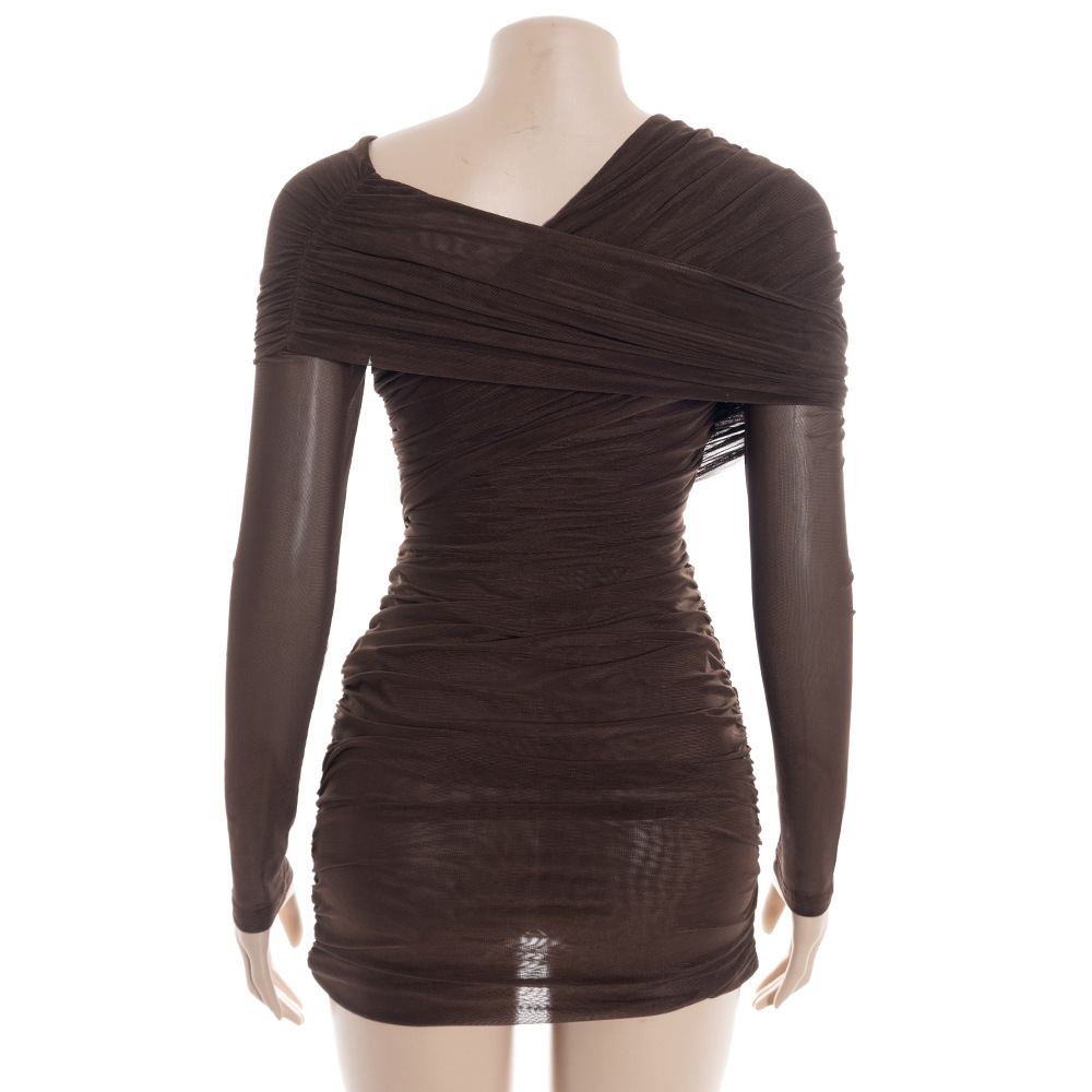 Solid Color Asymmetrical Off-Shoulder Bodycon Dress with Mesh Panels & Ruched Detail