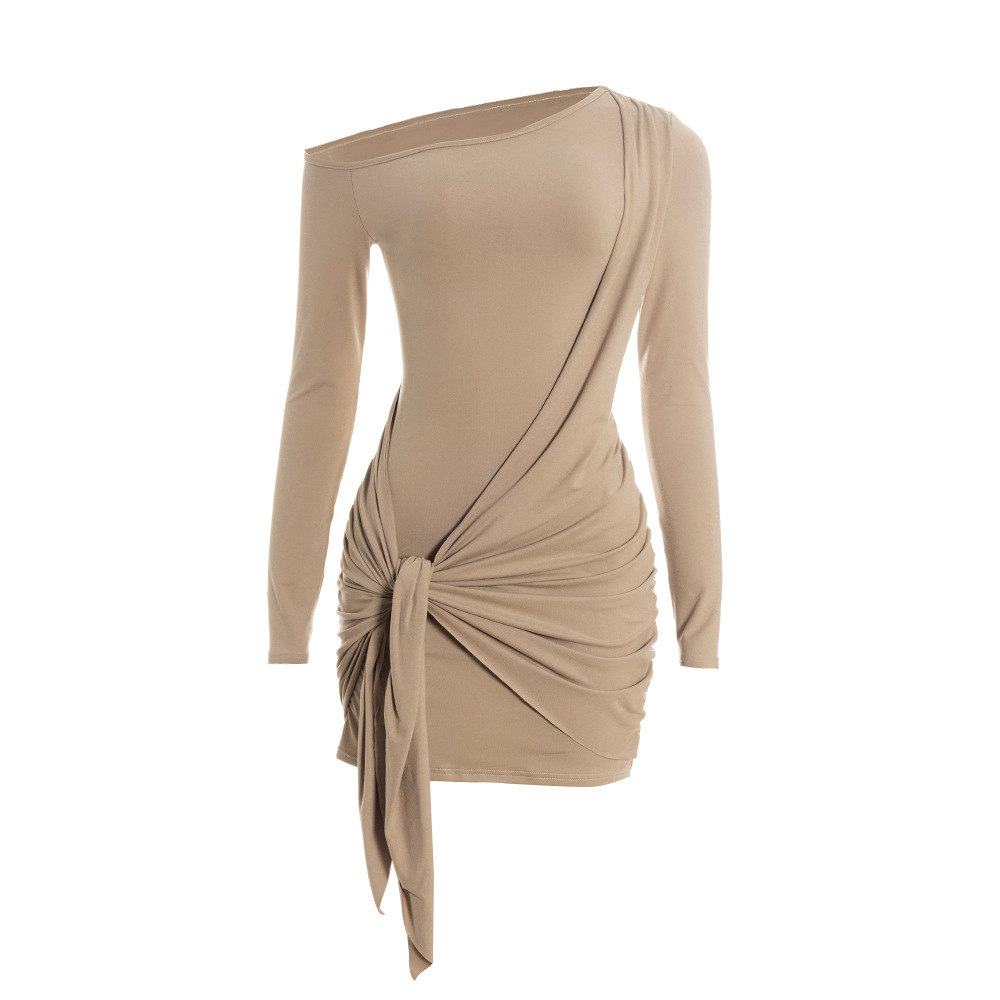 Solid Color One-Shoulder Long Sleeve Bodycon Mini Dress with Adjustable Tie
