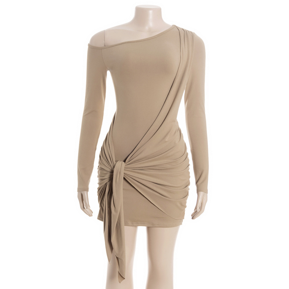 Solid Color One-Shoulder Long Sleeve Bodycon Mini Dress with Adjustable Tie