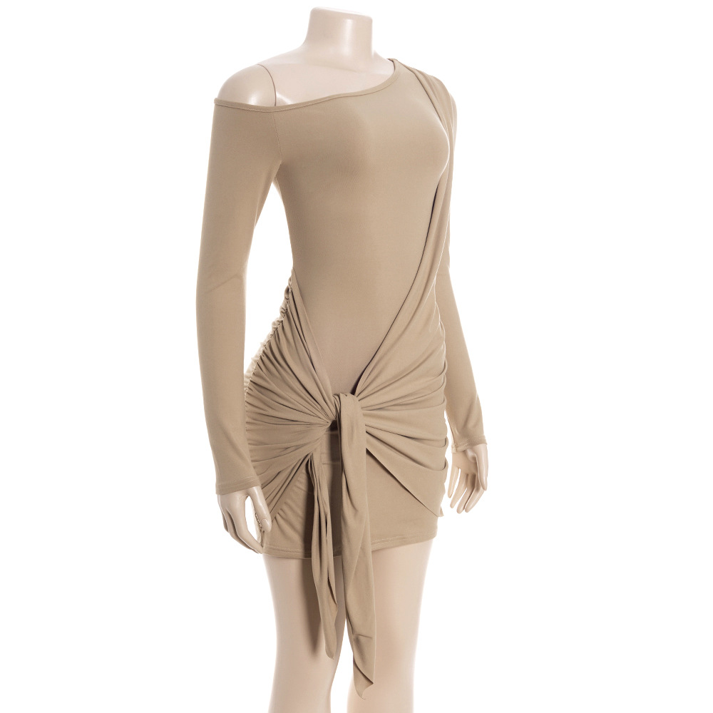 Solid Color One-Shoulder Long Sleeve Bodycon Mini Dress with Adjustable Tie