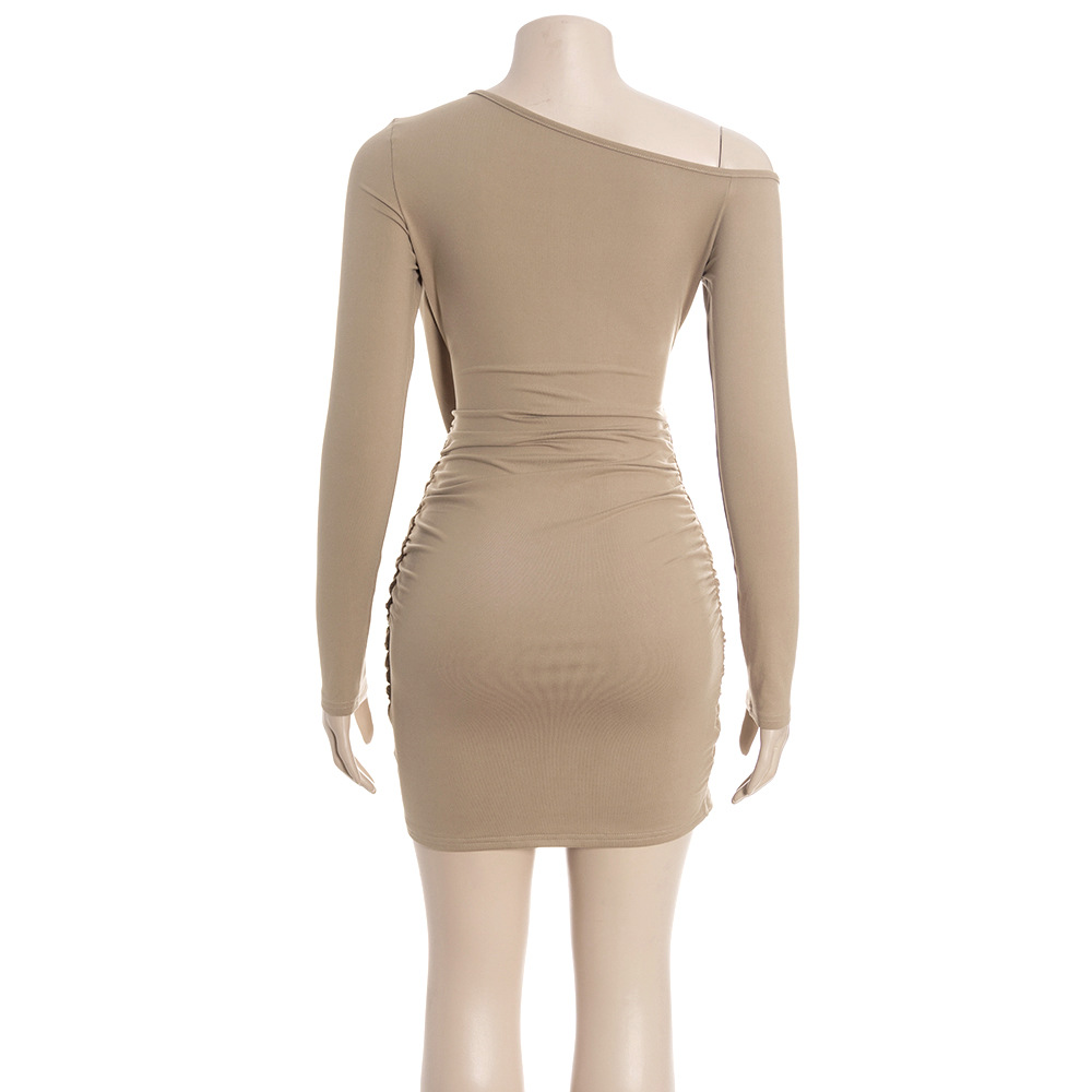 Solid Color One-Shoulder Long Sleeve Bodycon Mini Dress with Adjustable Tie