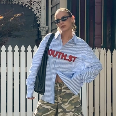 Striped Letter Print Oversized Long Sleeve Shirt 02