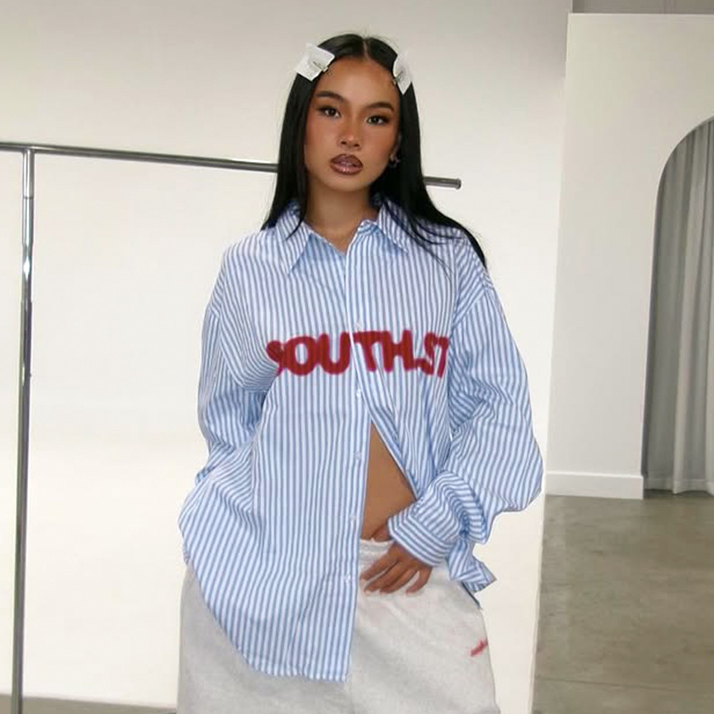 Striped Letter Print Oversized Long Sleeve Shirt