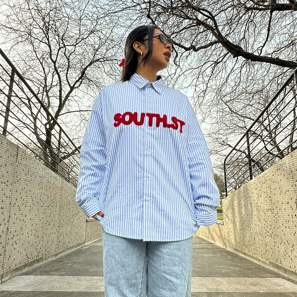 Striped Letter Print Oversized Long Sleeve Shirt