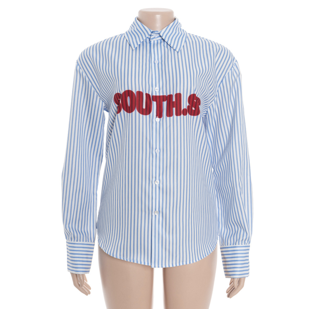 Striped Letter Print Oversized Long Sleeve Shirt