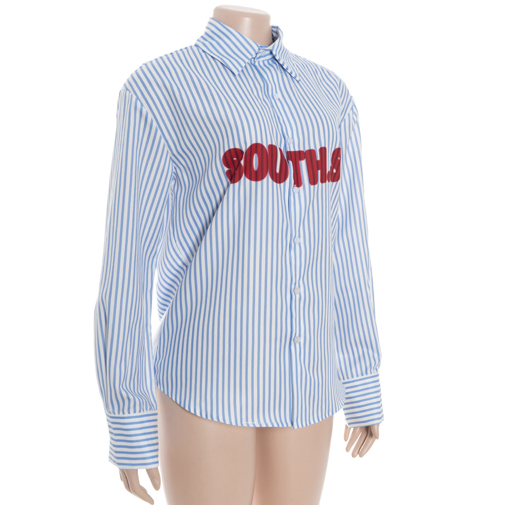 Striped Letter Print Oversized Long Sleeve Shirt