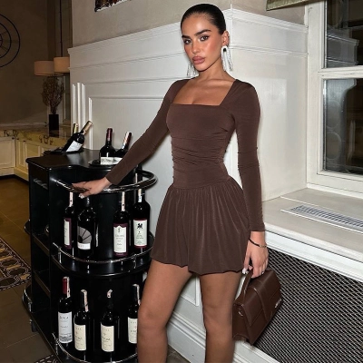 Solid Color Square Neck Long Sleeve Bodycon Mini Dress with Contrast Paneling 02