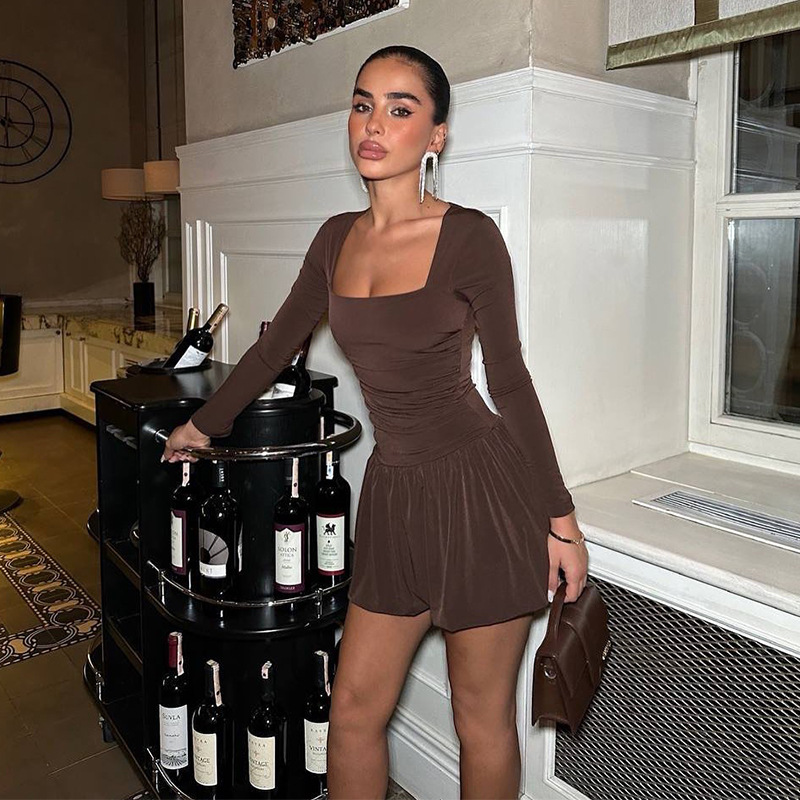 Solid Color Square Neck Long Sleeve Bodycon Mini Dress with Contrast Paneling