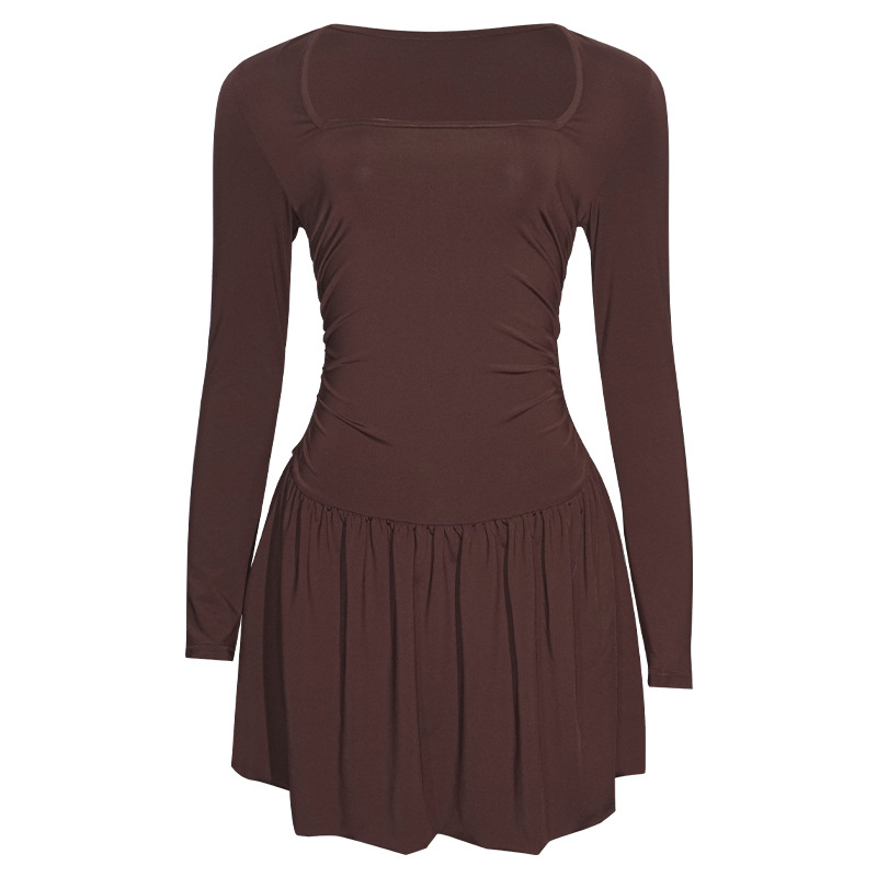 Solid Color Square Neck Long Sleeve Bodycon Mini Dress with Contrast Paneling