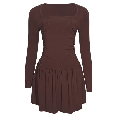 Solid Color Square Neck Long Sleeve Bodycon Mini Dress with Contrast Paneling 01