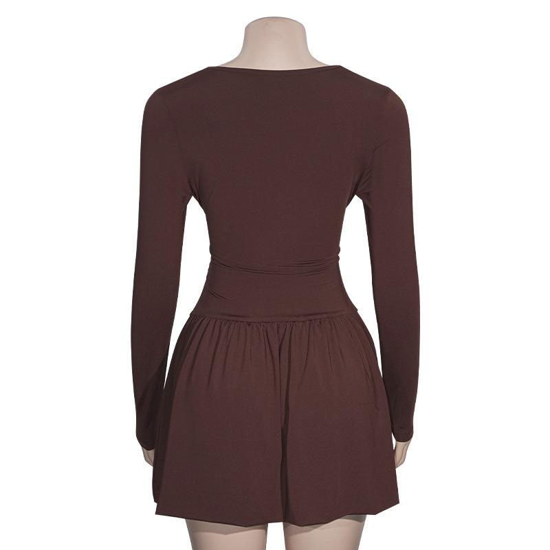 Solid Color Square Neck Long Sleeve Bodycon Mini Dress with Contrast Paneling