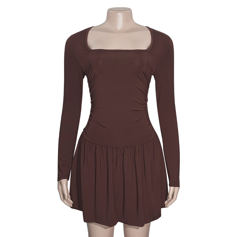 Solid Color Square Neck Long Sleeve Bodycon Mini Dress with Contrast Paneling