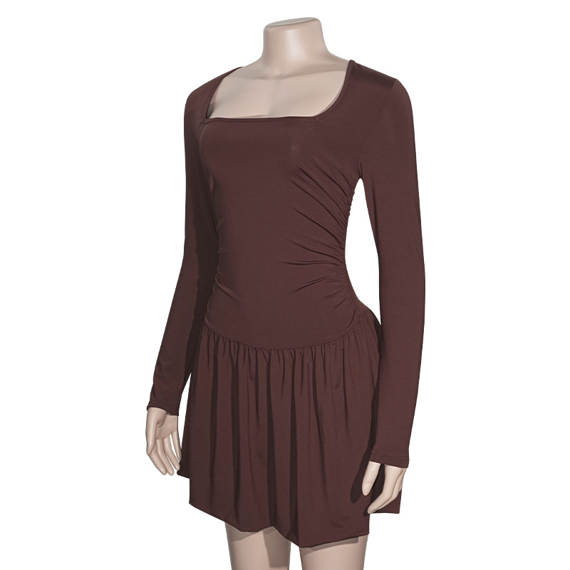 Solid Color Square Neck Long Sleeve Bodycon Mini Dress with Contrast Paneling
