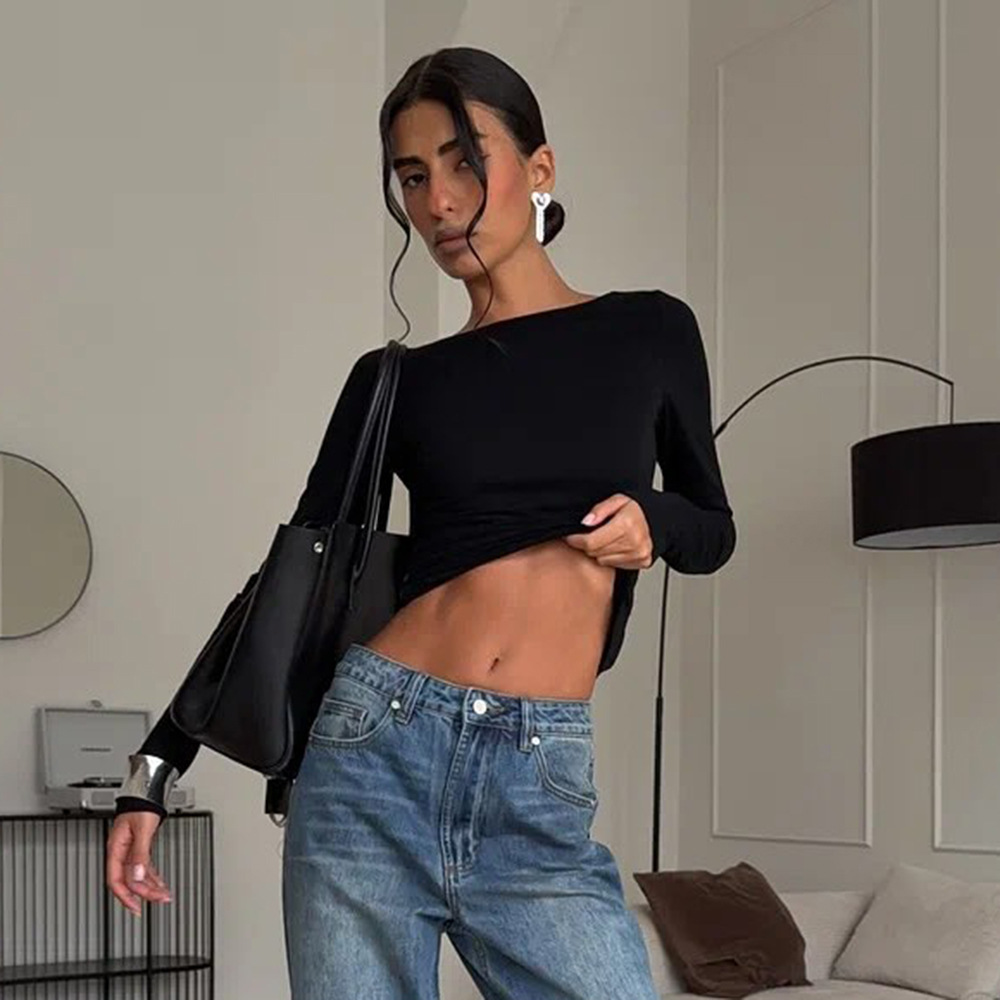 Solid Color Round Neck Long Sleeve Crop Top with Open Back