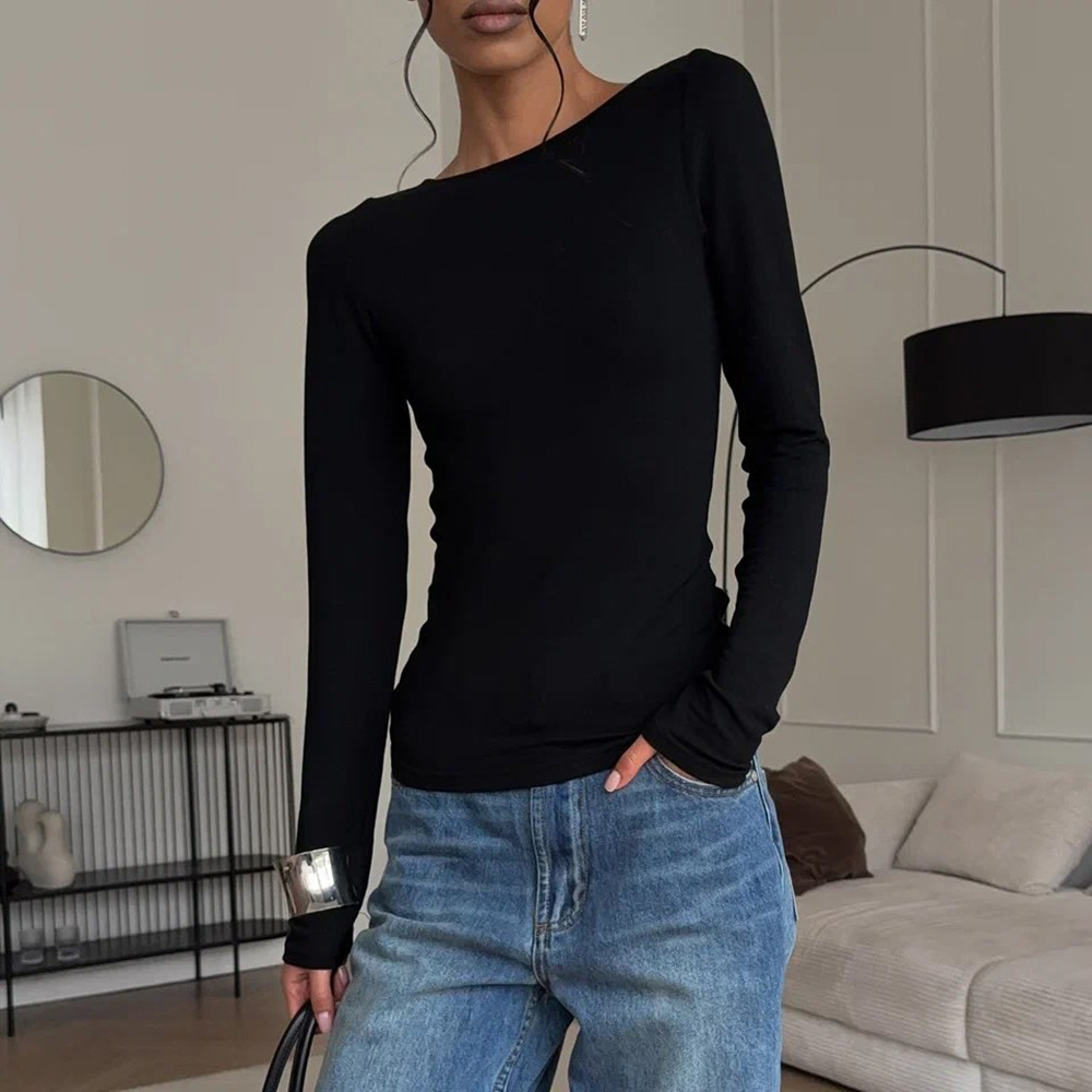 Solid Color Round Neck Long Sleeve Crop Top with Open Back