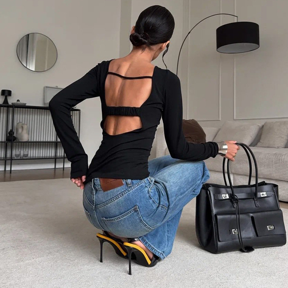 Solid Color Round Neck Long Sleeve Crop Top with Open Back