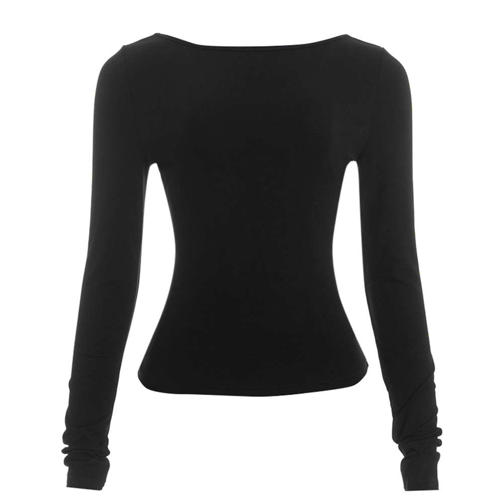 Solid Color Round Neck Long Sleeve Crop Top with Open Back