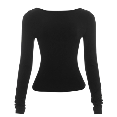 Solid Color Round Neck Long Sleeve Crop Top with Open Back 01