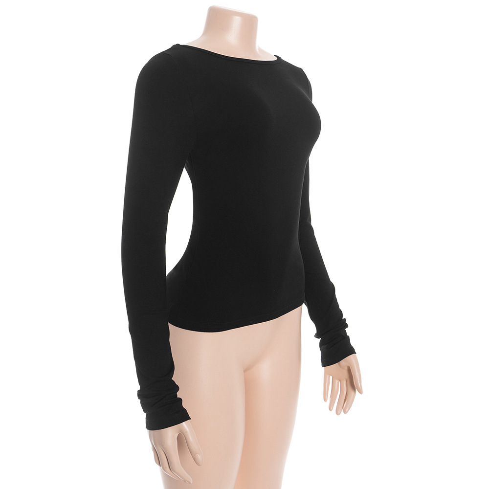 Solid Color Round Neck Long Sleeve Crop Top with Open Back