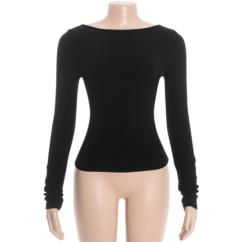 Solid Color Round Neck Long Sleeve Crop Top with Open Back