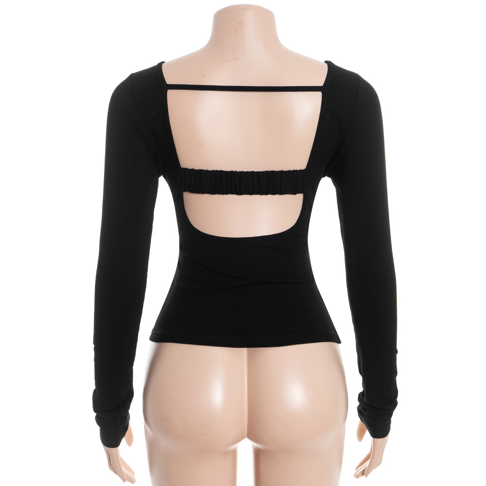 Solid Color Round Neck Long Sleeve Crop Top with Open Back